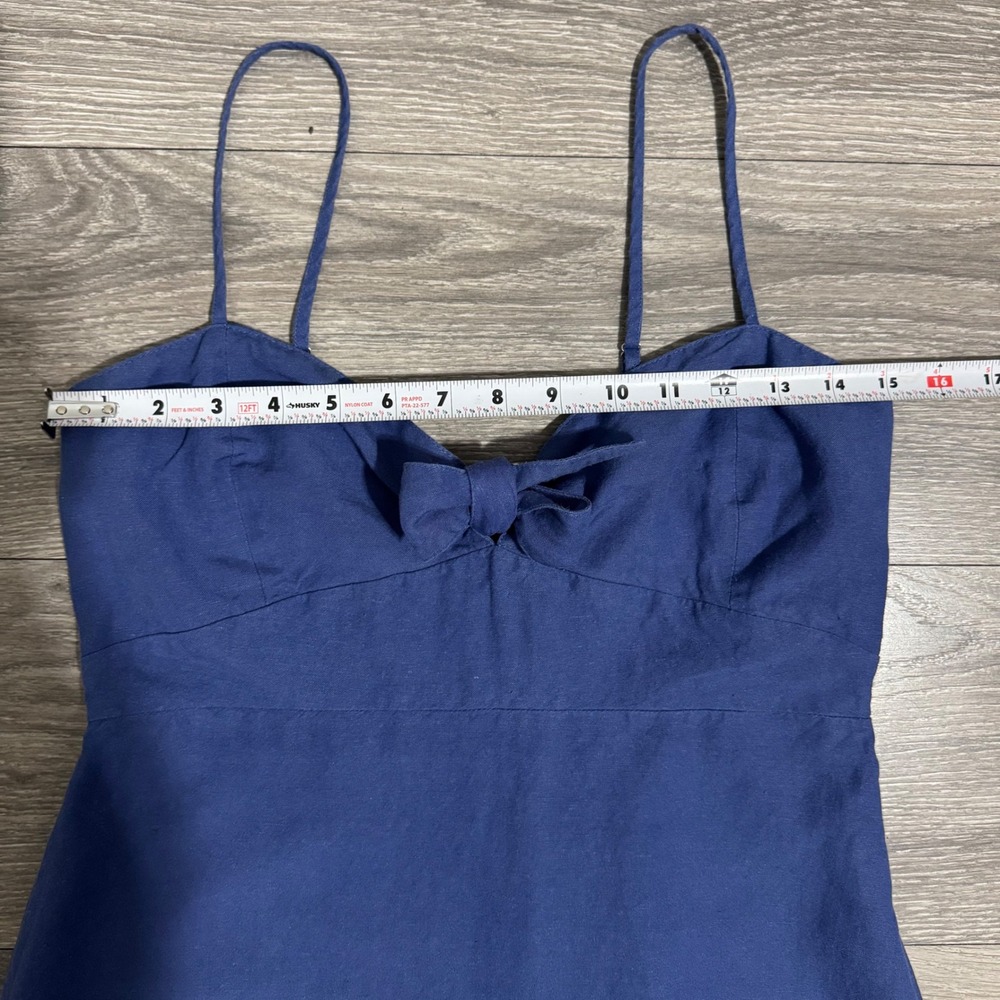 Adeline Cottagecore Blue Linen Blend Midi Dress L Bow Sweetheart Neck Smocked - Picture 8 of 13
